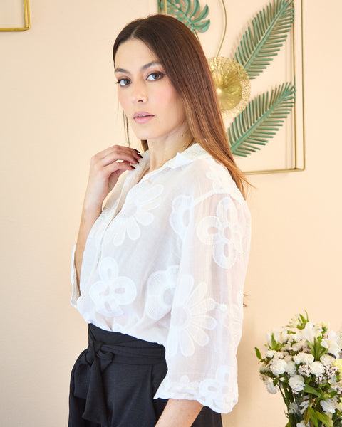 Camisa Manga Corta Bordada Blanco