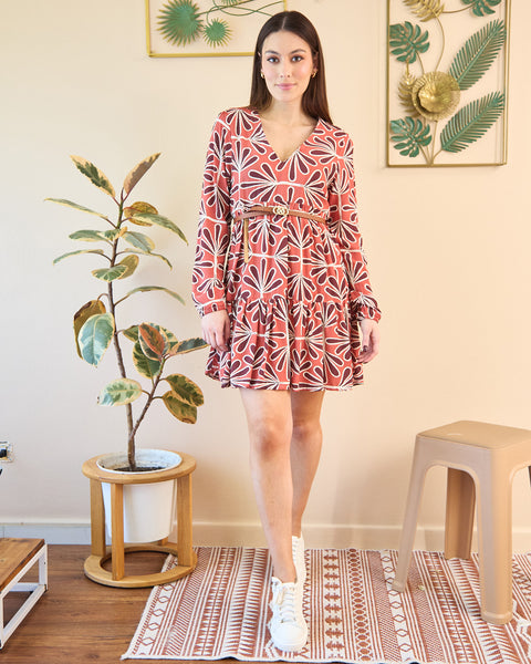 Vestido Corto Manga Larga con Elastico Étnico