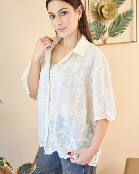 Camisa Manga Corta Bordada Beige