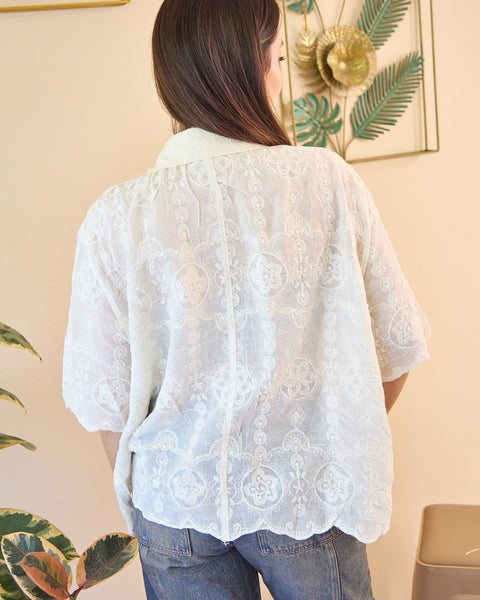 Camisa Manga Corta Bordada Beige