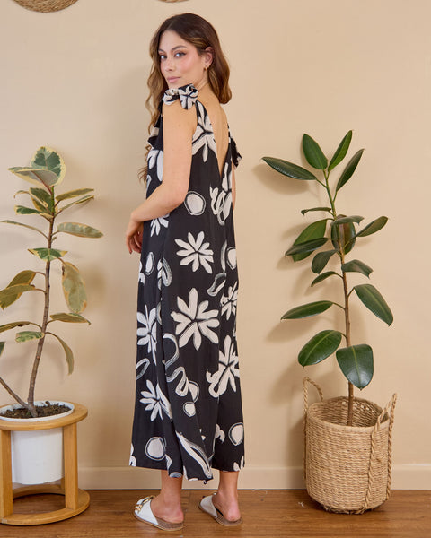 Enterizo Largo con Tiras Anudables Estampado Negro