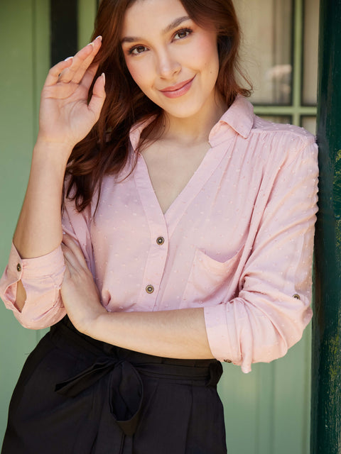 Camisa Cuello En V Manga Larga Palo de Rosa