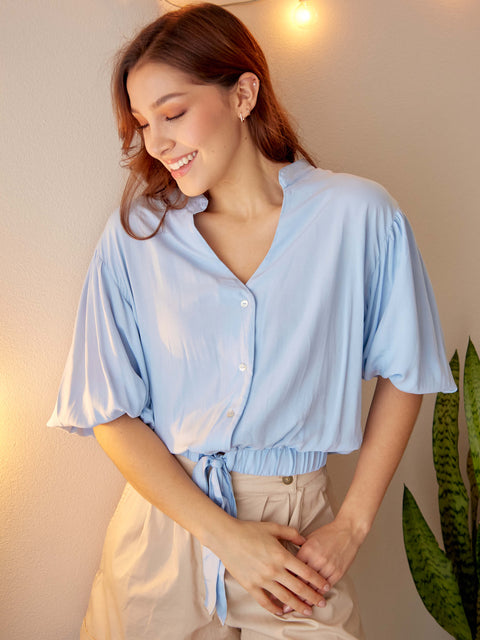 Blusa Cuello V Manga Englobada Azul