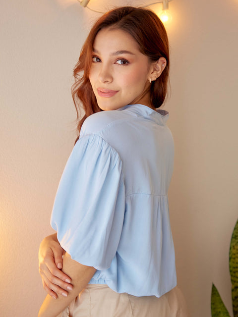 Blusa Cuello V Manga Englobada Azul
