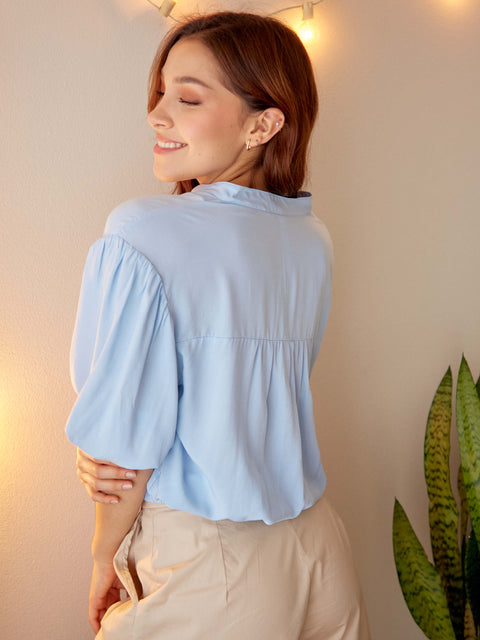 Blusa Cuello V Manga Englobada Azul